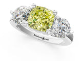 Platinum Three-Stone Fancy Yellow Cushion  Brilliant Cut Solitaire Ring with Prong Setting on a Classic Band 1