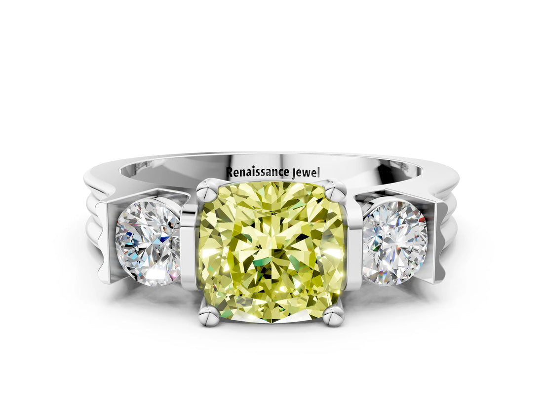 Platinum Three-Stone Fancy Yellow Cushion Cut Cut Classic Band Prong Setting Ring_12