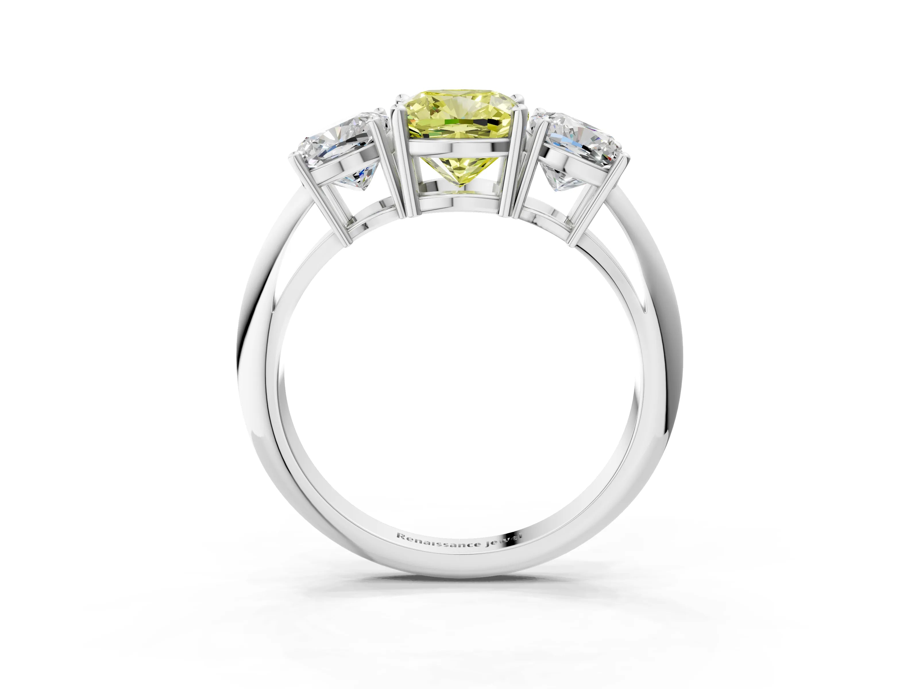Platinum Three-Stone Fancy Yellow Cushion Cut Cut Diamond Engagement Ring with Prong Setting on a White Gold Band_45