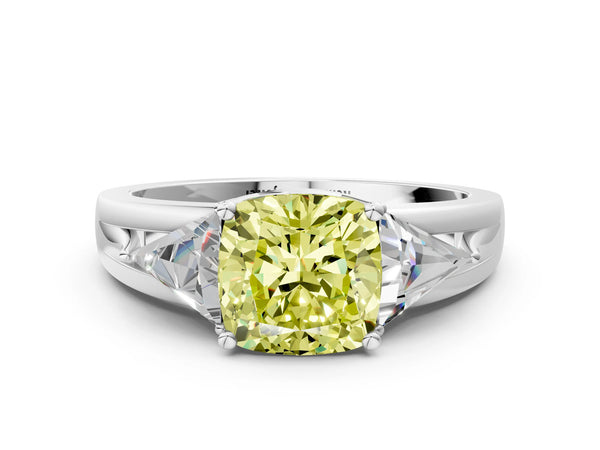 Platinum Cushion Cut Split Shank Three Stone Engagement Ring Setting for Fancy Yellow Center
