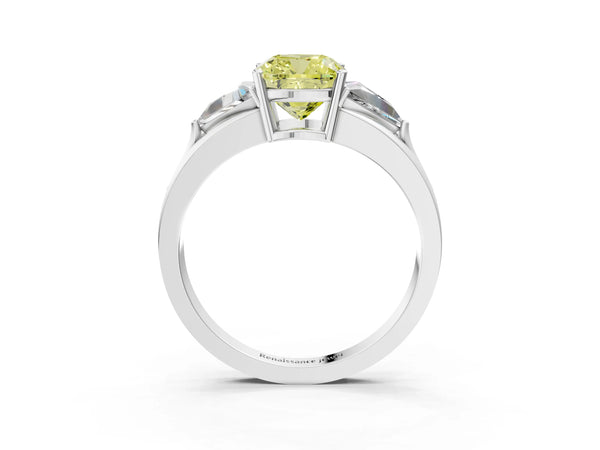 Platinum Cushion Cut Split Shank Three Stone Engagement Ring Setting for Fancy Yellow Center