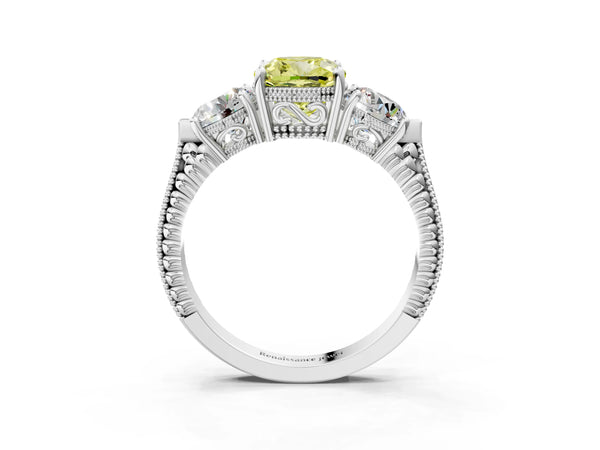 Platinum Cushion Cut Vintage Three Stone Engagement Ring Setting for Fancy Yellow Center