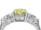 Platinum Three-Stone Fancy Yellow Cushion Cut Cut Milgrain Band Prong Setting Ring_22
