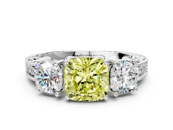 Platinum Cushion Cut Engraved Three Stone Engagement Ring Setting for Fancy Yellow Center