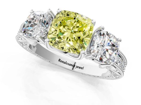 Platinum Cushion Cut Engraved Three Stone Engagement Ring Setting for Fancy Yellow Center