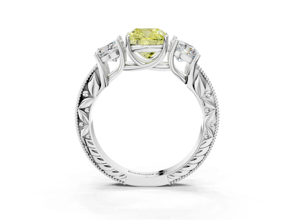 Platinum Cushion Cut Engraved Three Stone Engagement Ring Setting for Fancy Yellow Center
