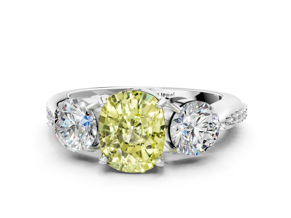Platinum Three-Stone Fancy Yellow Cushion Cut Diamond Channel Set Engagement Ring with Prong Setting_24