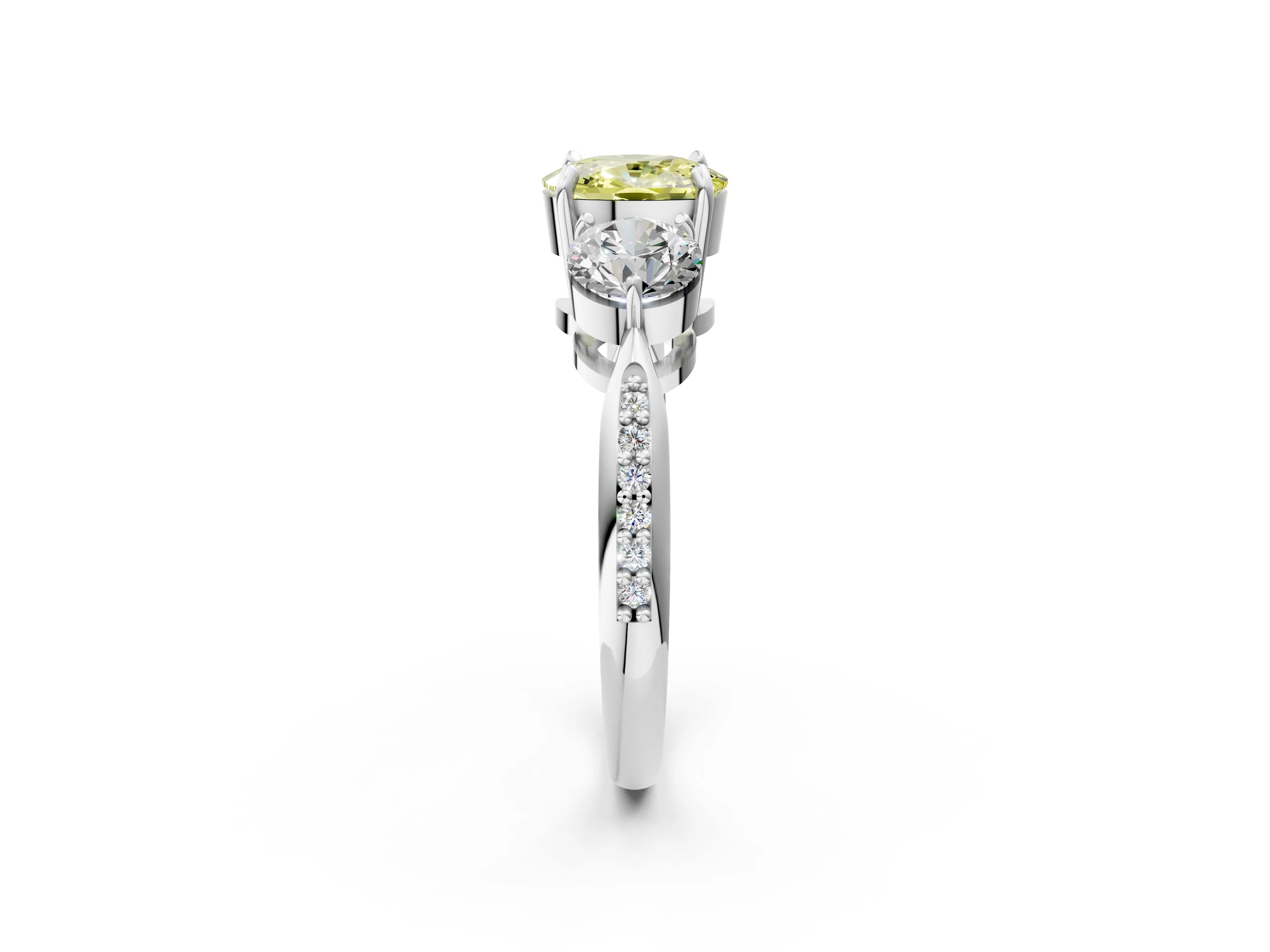 Platinum Three-Stone Fancy Yellow Cushion Cut Diamond Channel Set Engagement Ring with Prong Setting_26