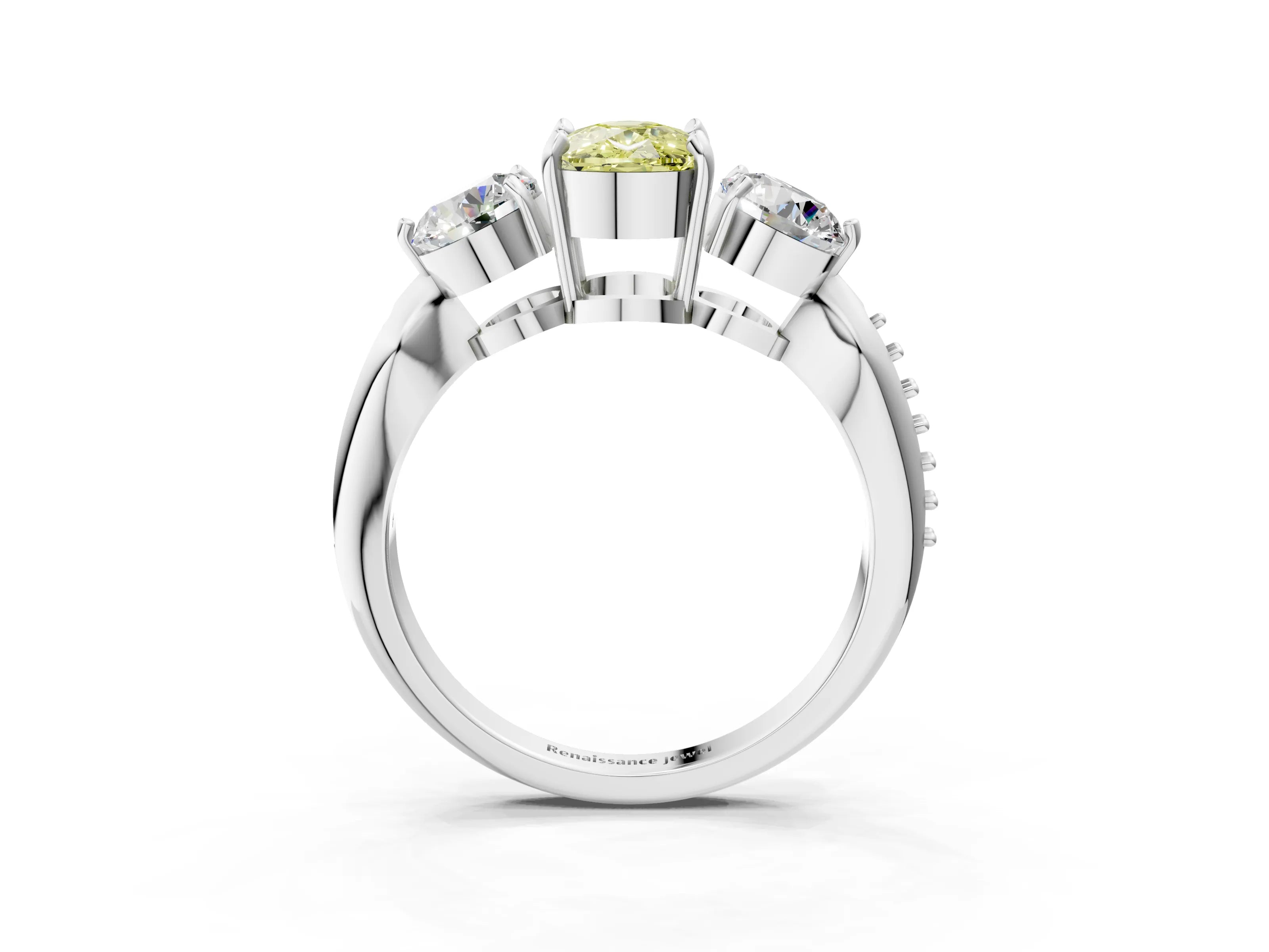 Platinum Three-Stone Fancy Yellow Cushion Cut Diamond Channel Set Engagement Ring with Prong Setting_27