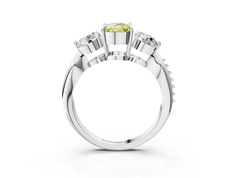 Platinum Three-Stone Fancy Yellow Cushion Cut Diamond Channel Set Engagement Ring with Prong Setting_27