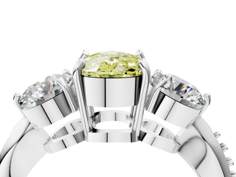 Platinum Three-Stone Fancy Yellow Cushion Cut Diamond Channel Set Engagement Ring with Prong Setting_28