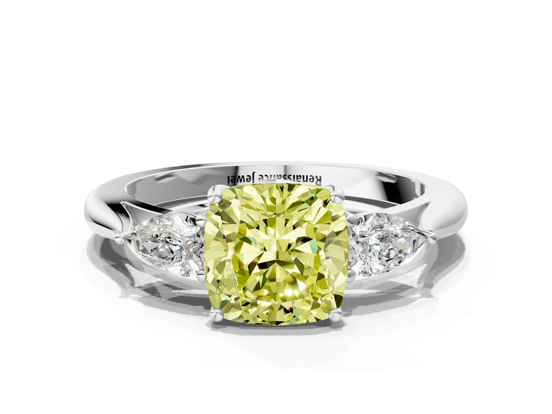 Platinum Three-Stone Fancy Yellow Cushion Cut Diamond Ring with Pear  Side Stones in Four-Prong Setting_12