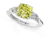 Platinum Three-Stone Fancy Yellow Cushion Cut Diamond Ring with Pear  Side Stones in Four-Prong Setting_13