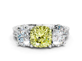 Platinum Three-Stone Fancy Yellow Cushion  Diamond Milgrain Pave Band with Prong Setting 1