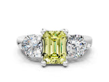 Platinum Three-Stone Fancy Yellow Emerald  Brilliant Cut Solitaire Ring with Prong Setting on a Classic Band 2