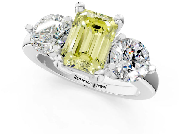 Platinum Three-Stone Fancy Yellow Emerald  Brilliant Cut Solitaire Ring with Prong Setting on a Classic Band