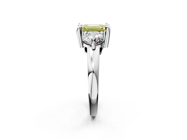 Platinum Three-Stone Fancy Yellow Emerald  Brilliant Cut Solitaire Ring with Prong Setting on a Classic Band