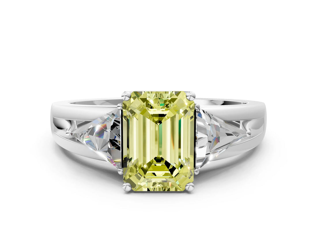 Platinum Three-Stone Fancy Yellow Emerald Cut Cut Diamond Ring with Trillion Side Stones on a Split Shank Band_12