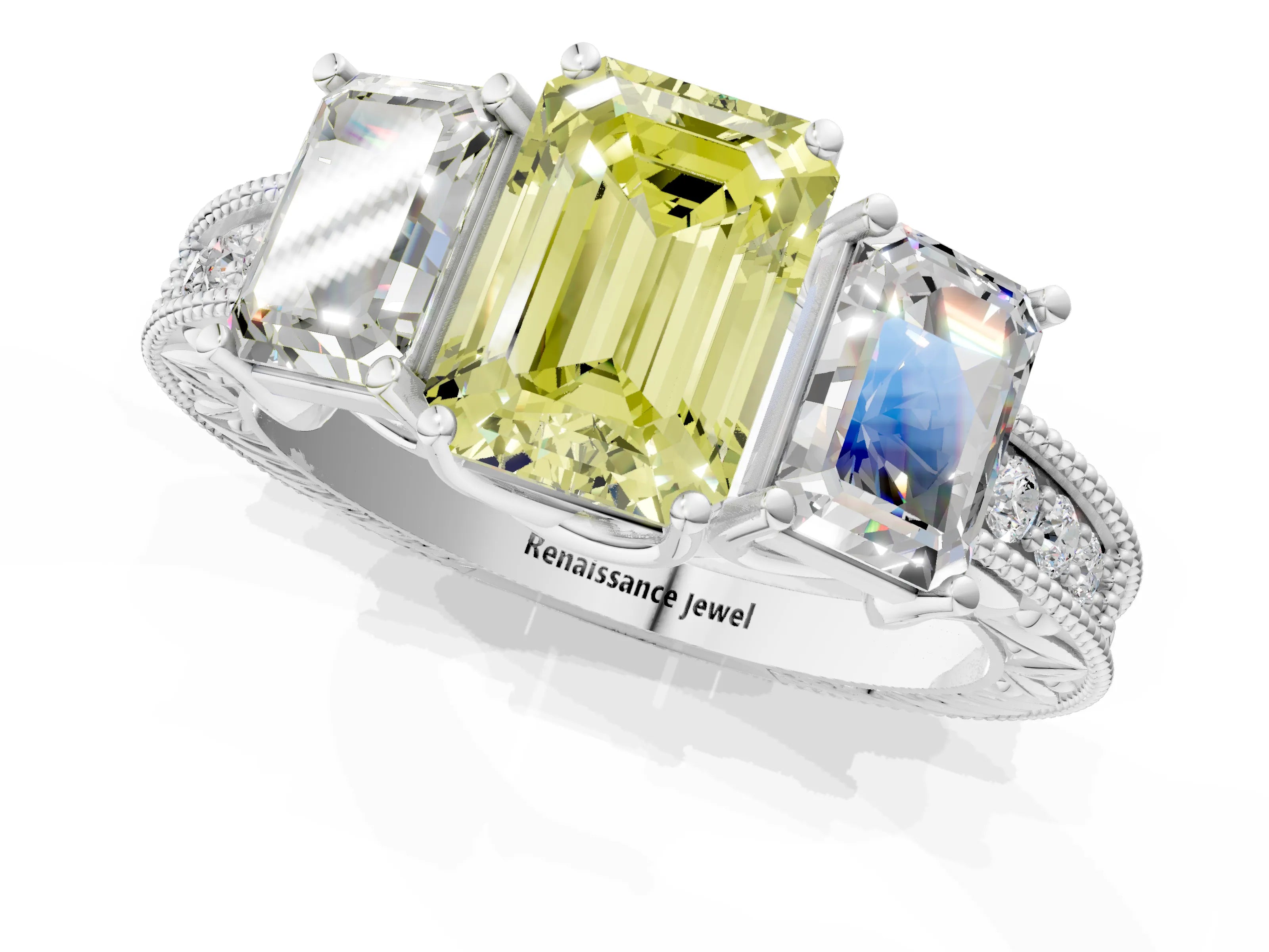 Platinum Three-Stone Fancy Yellow Emerald Cut Cut Milgrain Pavé Engagement Ring_61