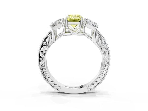 Platinum Emerald Cut Engraved Three Stone Engagement Ring Setting for Fancy Yellow Center