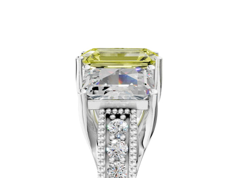 Platinum Three-Stone Fancy Yellow Emerald Cut Cut Milgrain Pavé Engagement Ring_65