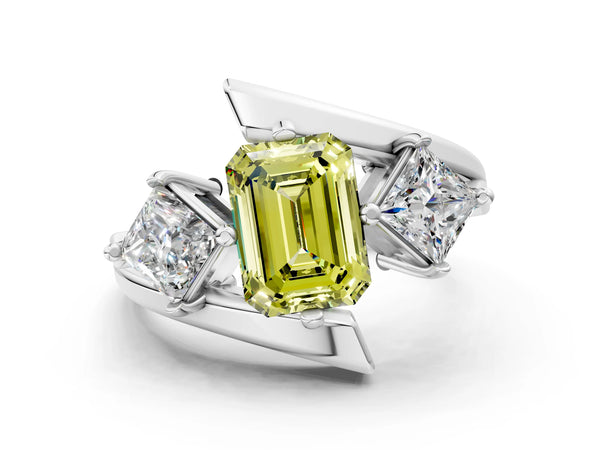 Platinum Three-Stone Fancy Yellow Emerald Cut Cut Tension Band Ring with Four-Prong Setting