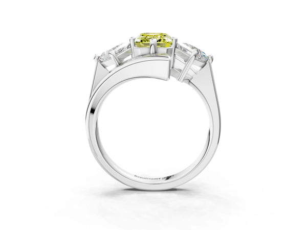 Platinum Three-Stone Fancy Yellow Emerald Cut Cut Tension Band Ring with Four-Prong Setting