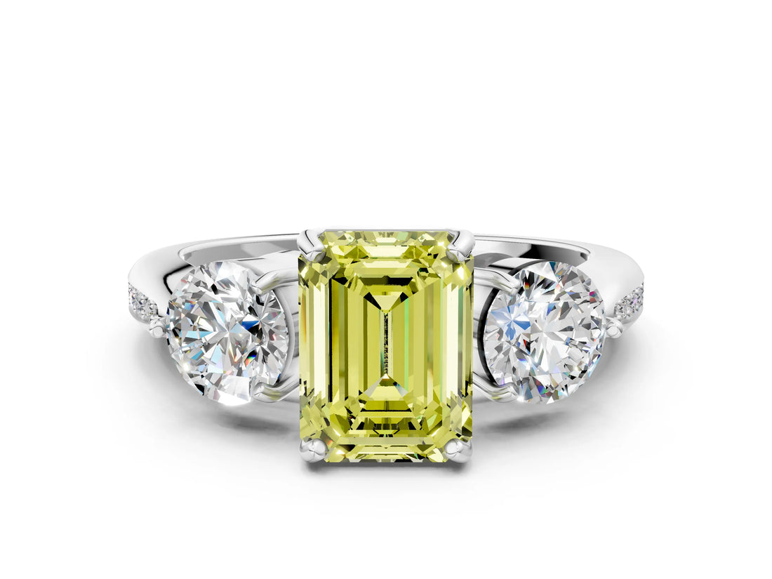 Platinum Three-Stone Fancy Yellow Emerald Cut Diamond Channel Set Engagement Ring with Prong Setting_18