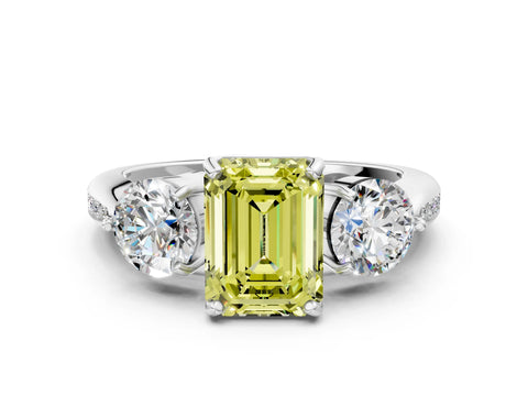 Platinum Three-Stone Fancy Yellow Emerald Cut Diamond Channel Set Engagement Ring with Prong Setting_18
