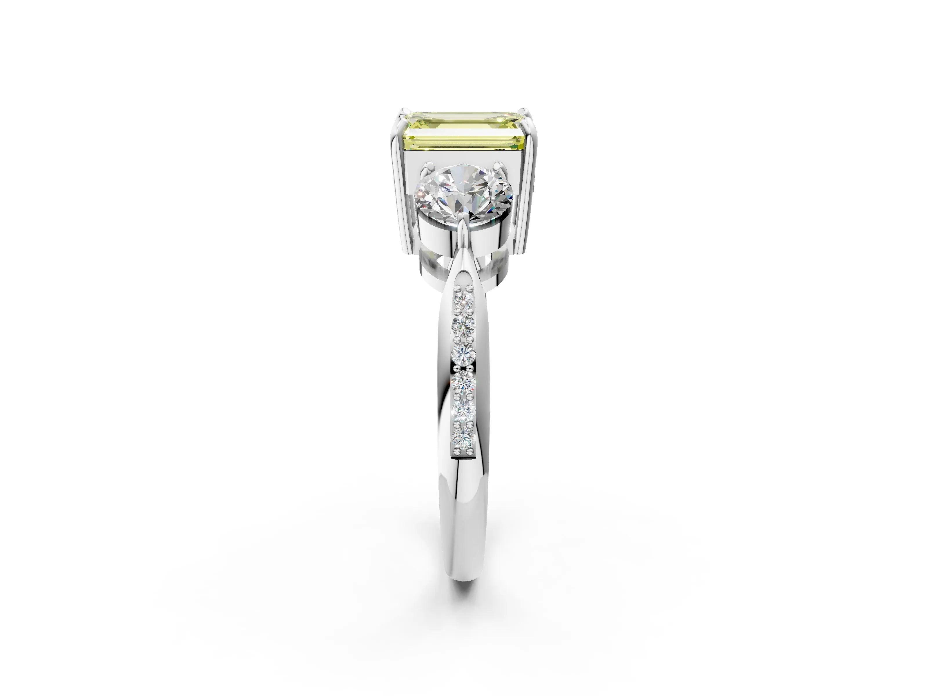 Platinum Three-Stone Fancy Yellow Emerald Cut Diamond Channel Set Engagement Ring with Prong Setting_20