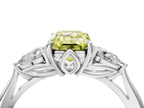 Platinum Three-Stone Fancy Yellow Emerald Cut Diamond Ring with Pear  Side Stones in Four-Prong Setting_16