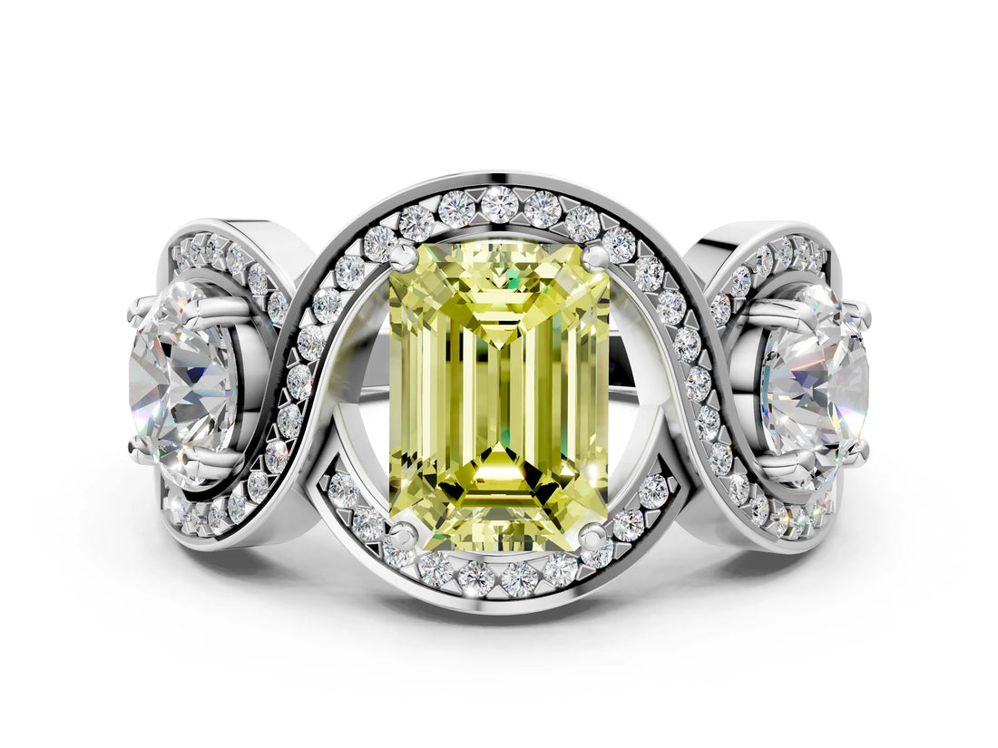 Platinum Three-Stone Fancy Yellow Emerald Cut Diamond Wave Pave Band with Prong Setting_6