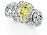 Platinum Three-Stone Fancy Yellow Emerald Cut Halo Diamond Milgrain Band with Four-Prong Setting_37
