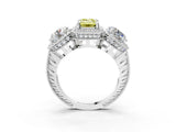 Platinum Three-Stone Fancy Yellow Emerald Cut Halo Diamond Milgrain Band with Four-Prong Setting_39