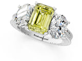 Platinum Three-Stone Fancy Yellow Emerald  Diamond Milgrain Pave Band with Prong Setting 1