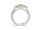 Platinum Three-Stone Fancy Yellow Emerald  Diamond Milgrain Pave Band with Prong Setting 3