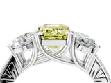 Platinum Three-Stone Fancy Yellow Emerald  Diamond Milgrain Pave Band with Prong Setting 4