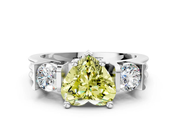 Platinum Three-Stone Fancy Yellow Heart Cut Classic Band Prong Setting Ring
