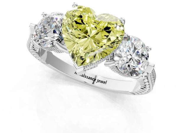 Platinum Heart-Shaped Vintage Three Stone Engagement Ring Setting for Fancy Yellow Center
