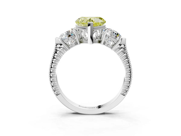 Platinum Heart-Shaped Vintage Three Stone Engagement Ring Setting for Fancy Yellow Center