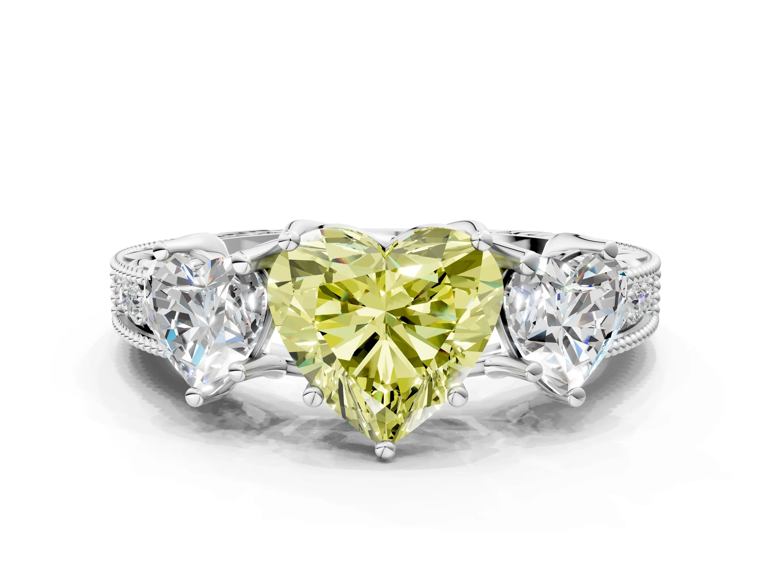 Platinum Three-Stone Fancy Yellow Heart Cut Cut Milgrain Pavé Engagement Ring_18