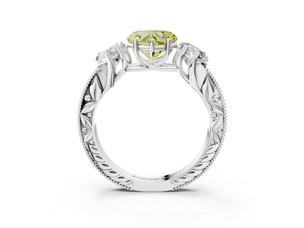 Platinum Heart-Shaped Engraved Three Stone Engagement Ring Setting for Fancy Yellow Center