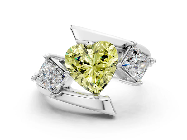Platinum Three-Stone Fancy Yellow Heart Cut Cut Tension Band Ring with Four-Prong Setting