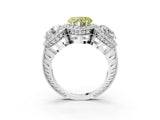 Platinum Three-Stone Fancy Yellow Heart Cut Halo Diamond Milgrain Band with Four-Prong Setting_15