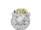 Platinum Three-Stone Fancy Yellow Heart Cut Halo Diamond Milgrain Band with Four-Prong Setting_17