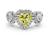 Platinum Three-Stone Fancy Yellow Heart Cut Halo Diamond Ring with Pave Band and Four-Prong Setting_12