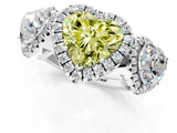 Platinum Three-Stone Fancy Yellow Heart Cut Halo Diamond Ring with Pave Band and Four-Prong Setting_13