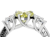 Platinum Three-Stone Fancy Yellow Heart  Diamond Milgrain Pave Band with Prong Setting 5