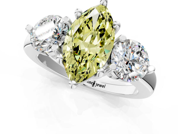 Platinum Three-Stone Fancy Yellow Marquise  Brilliant Cut Solitaire Ring with Prong Setting on a Classic Band