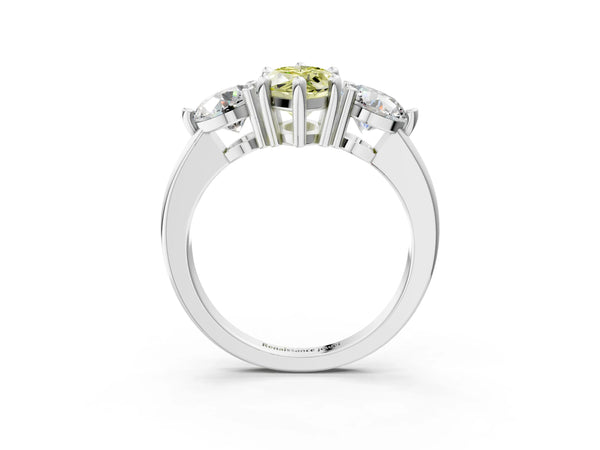 Platinum Three-Stone Fancy Yellow Marquise  Brilliant Cut Solitaire Ring with Prong Setting on a Classic Band